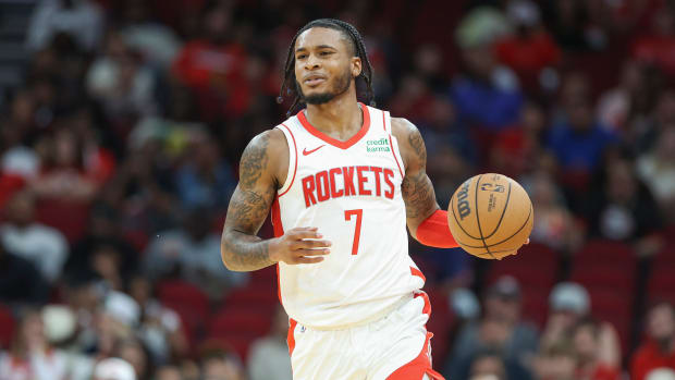Rockets forward Cam Whitmore brings the ball up the court during the game against the Indiana Pacers at Toyota Center.